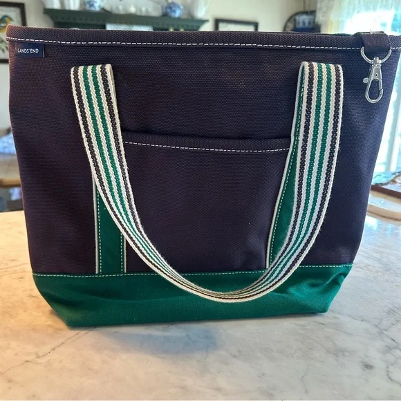 Lands' End Navy Kelly Green Boat n Tote w Striped Handles inside Retired Colors - Picture 1 of 9